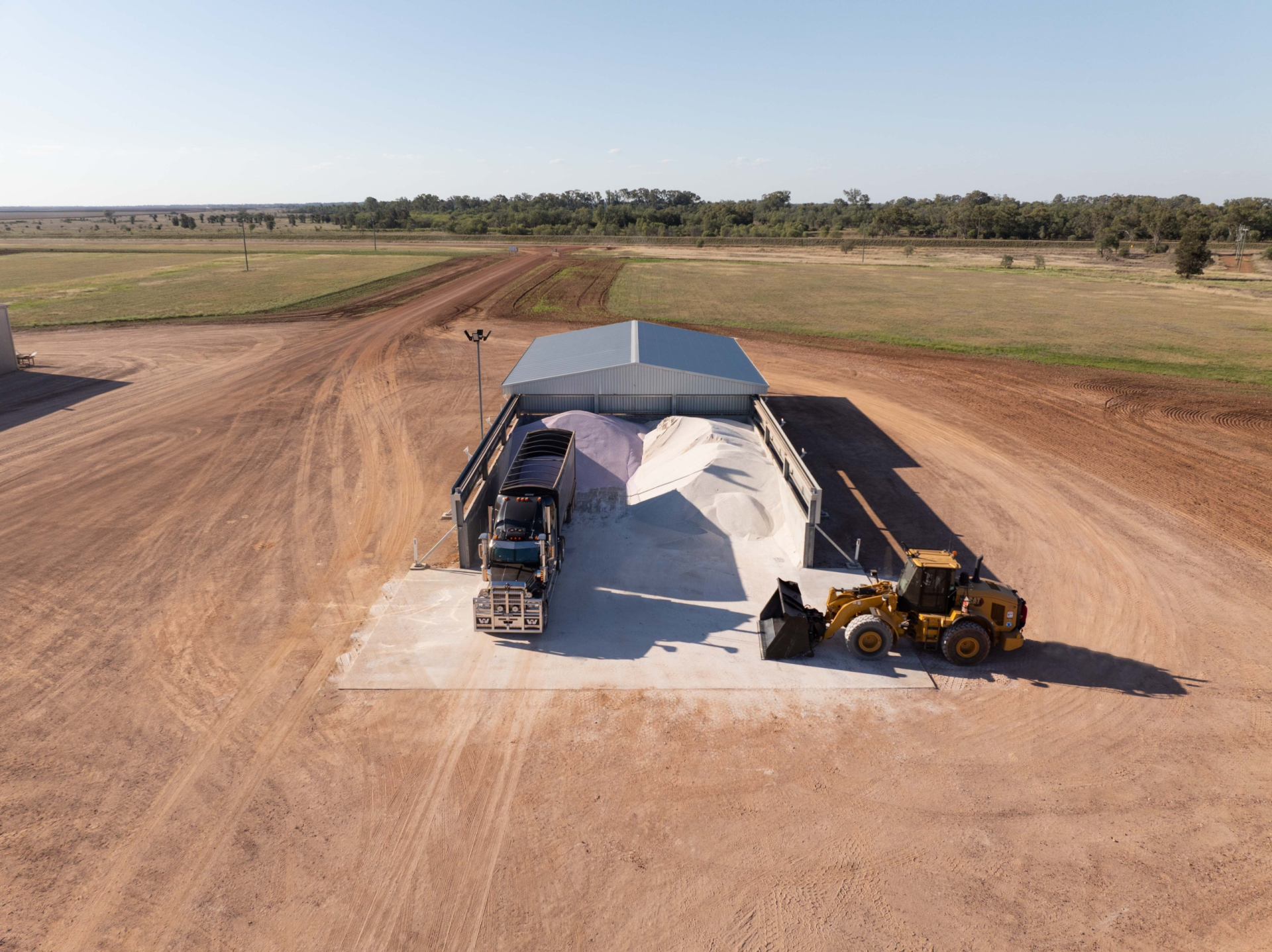 Rolling roof fertiliser shed custom built by R&F at St George